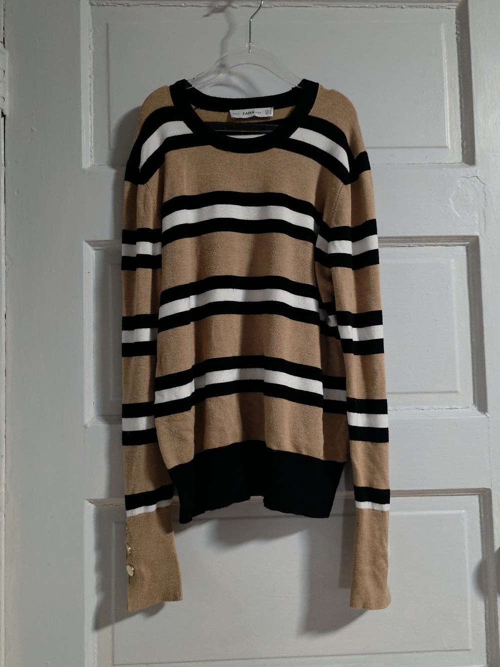 Zara Striped Knit Sweater Medium Tan Black White Gold Cuff Button Pullover